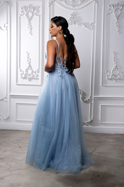 Elegant Lace Corset A-Line Prom Dress with Spaghetti Straps & Tulle Skirt by May Queen MQ2209