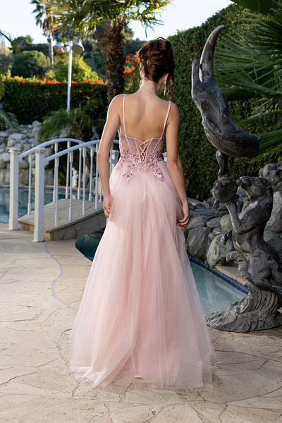 Elegant Lace Corset A-Line Prom Dress with Spaghetti Straps & Tulle Skirt by May Queen MQ2209