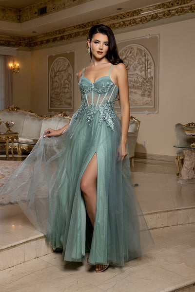 Elegant Lace Corset A-Line Prom Dress with Spaghetti Straps & Tulle Skirt by May Queen MQ2209