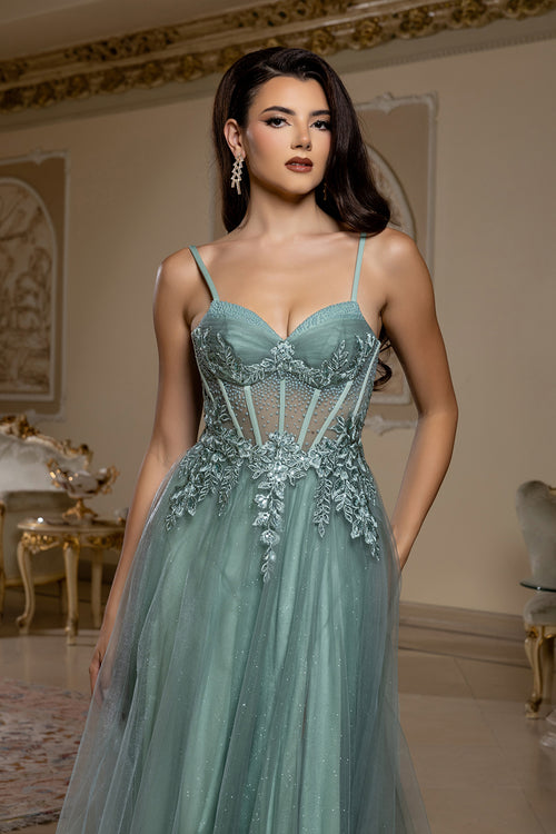 Elegant Lace Corset A-Line Prom Dress with Spaghetti Straps & Tulle Skirt by May Queen MQ2209