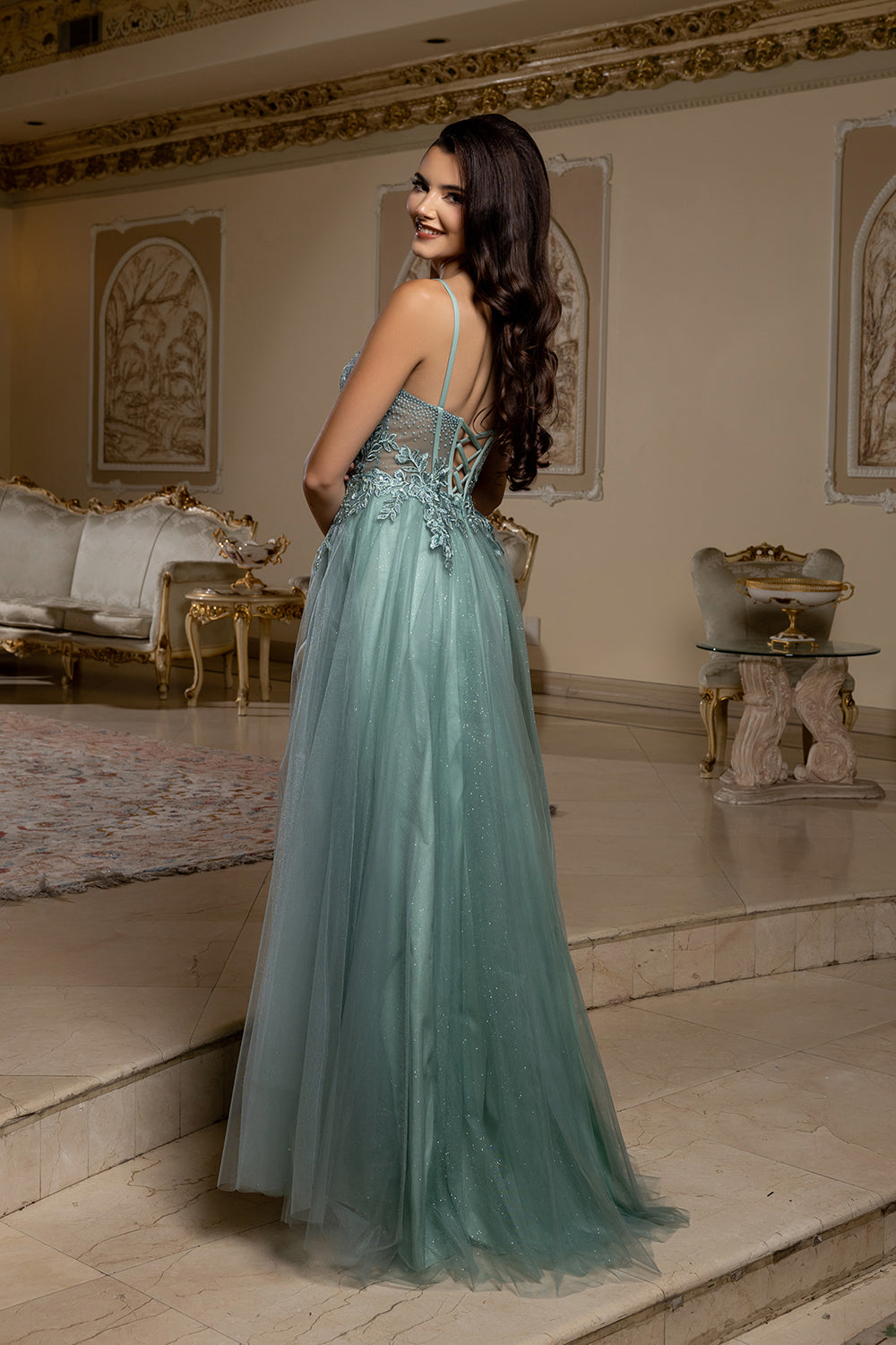 Elegant Lace Corset A-Line Prom Dress with Spaghetti Straps & Tulle Skirt by May Queen MQ2209