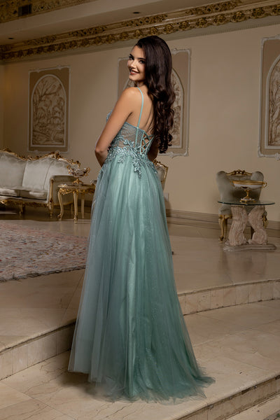 Elegant Lace Corset A-Line Prom Dress with Spaghetti Straps & Tulle Skirt by May Queen MQ2209