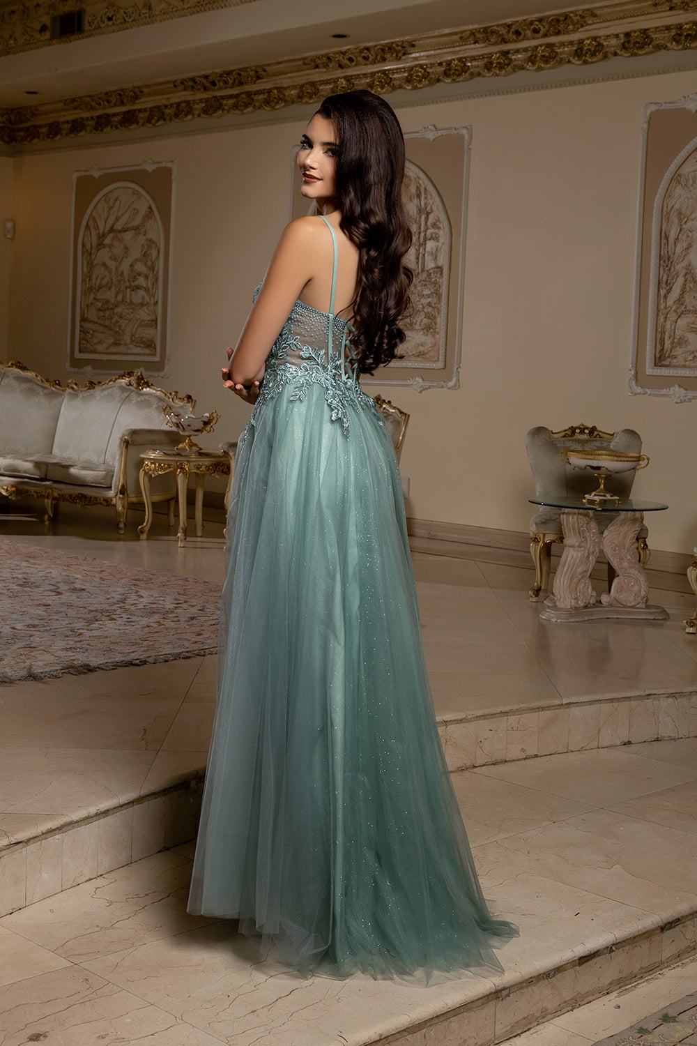 Elegant Lace Corset A-Line Prom Dress with Spaghetti Straps & Tulle Skirt by May Queen MQ2209