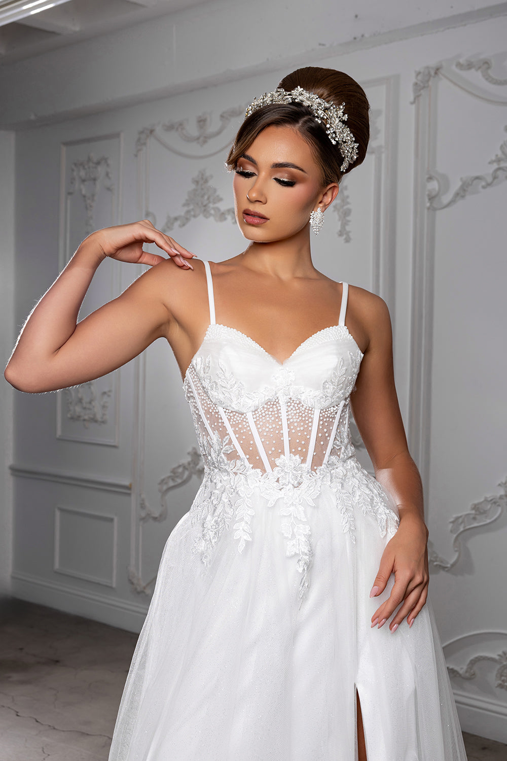 Elegant A-Line Wedding Dress with Lace Corset Bodice Spaghetti Straps by May Queen MQ2209