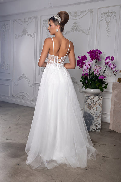 Elegant A-Line Wedding Dress with Lace Corset Bodice Spaghetti Straps by May Queen MQ2209