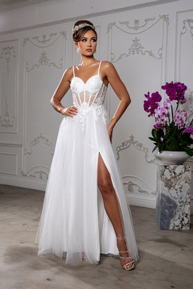 Elegant A-Line Wedding Dress with Lace Corset Bodice Spaghetti Straps by May Queen MQ2209
