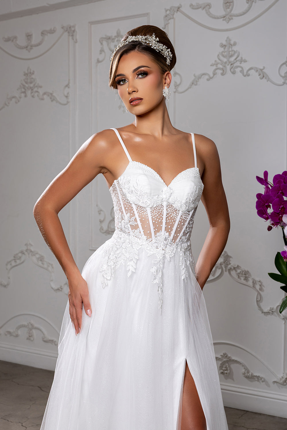Elegant A-Line Wedding Dress with Lace Corset Bodice Spaghetti Straps by May Queen MQ2209
