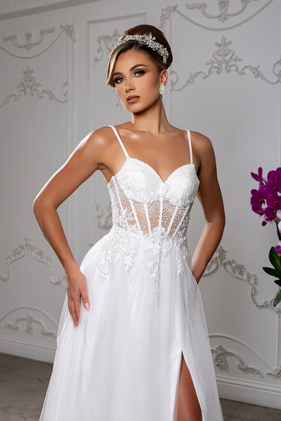 Elegant A-Line Wedding Dress with Lace Corset Bodice Spaghetti Straps by May Queen MQ2209