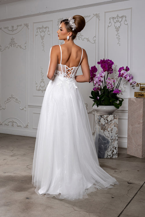 Elegant A-Line Wedding Dress with Lace Corset Bodice Spaghetti Straps by May Queen MQ2209