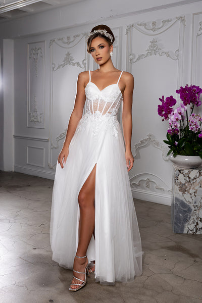 Elegant A-Line Wedding Dress with Lace Corset Bodice Spaghetti Straps by May Queen MQ2209
