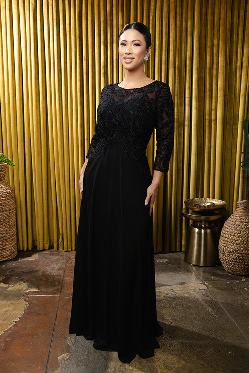 Elegant Lace Bodice A-Line Dress with 3/4 Sleeves Mother of the Bride Gown by May Queen MQ2210