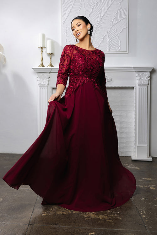 Elegant Lace Bodice A-Line Dress with 3/4 Sleeves Mother of the Bride Gown by May Queen MQ2210