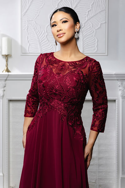 Elegant Lace Bodice A-Line Dress with 3/4 Sleeves Mother of the Bride Gown by May Queen MQ2210