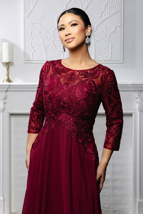Elegant Lace Bodice A-Line Dress with 3/4 Sleeves Mother of the Bride Gown by May Queen MQ2210