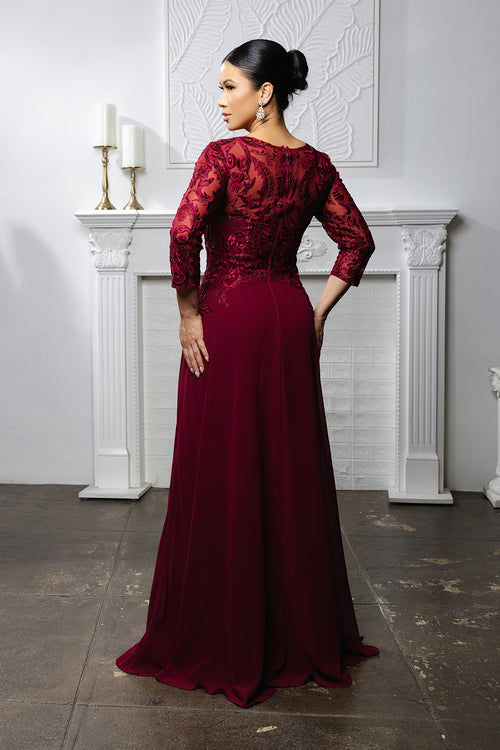 Elegant Lace Bodice A-Line Dress with 3/4 Sleeves Mother of the Bride Gown by May Queen MQ2210