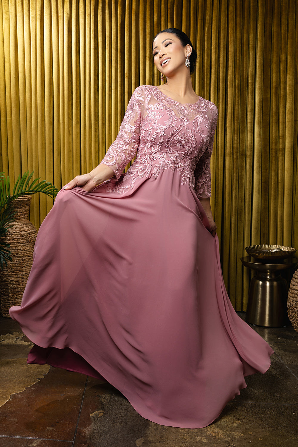 Elegant Lace Bodice A-Line Dress with 3/4 Sleeves Mother of the Bride Gown by May Queen MQ2210