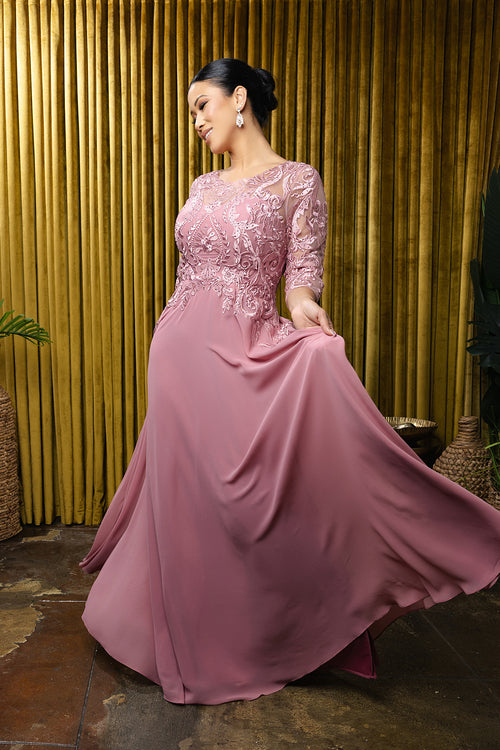 Elegant Lace Bodice A-Line Dress with 3/4 Sleeves Mother of the Bride Gown by May Queen MQ2210