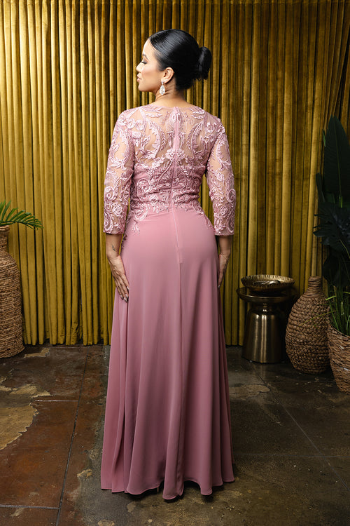 Elegant Lace Bodice A-Line Dress with 3/4 Sleeves Mother of the Bride Gown by May Queen MQ2210