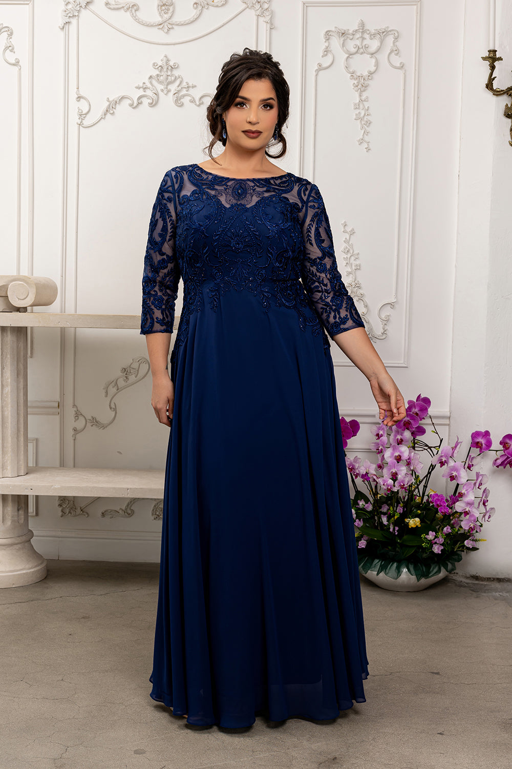 Elegant Lace Bodice A-Line Dress with 3/4 Sleeves Mother of the Bride Gown by May Queen MQ2210