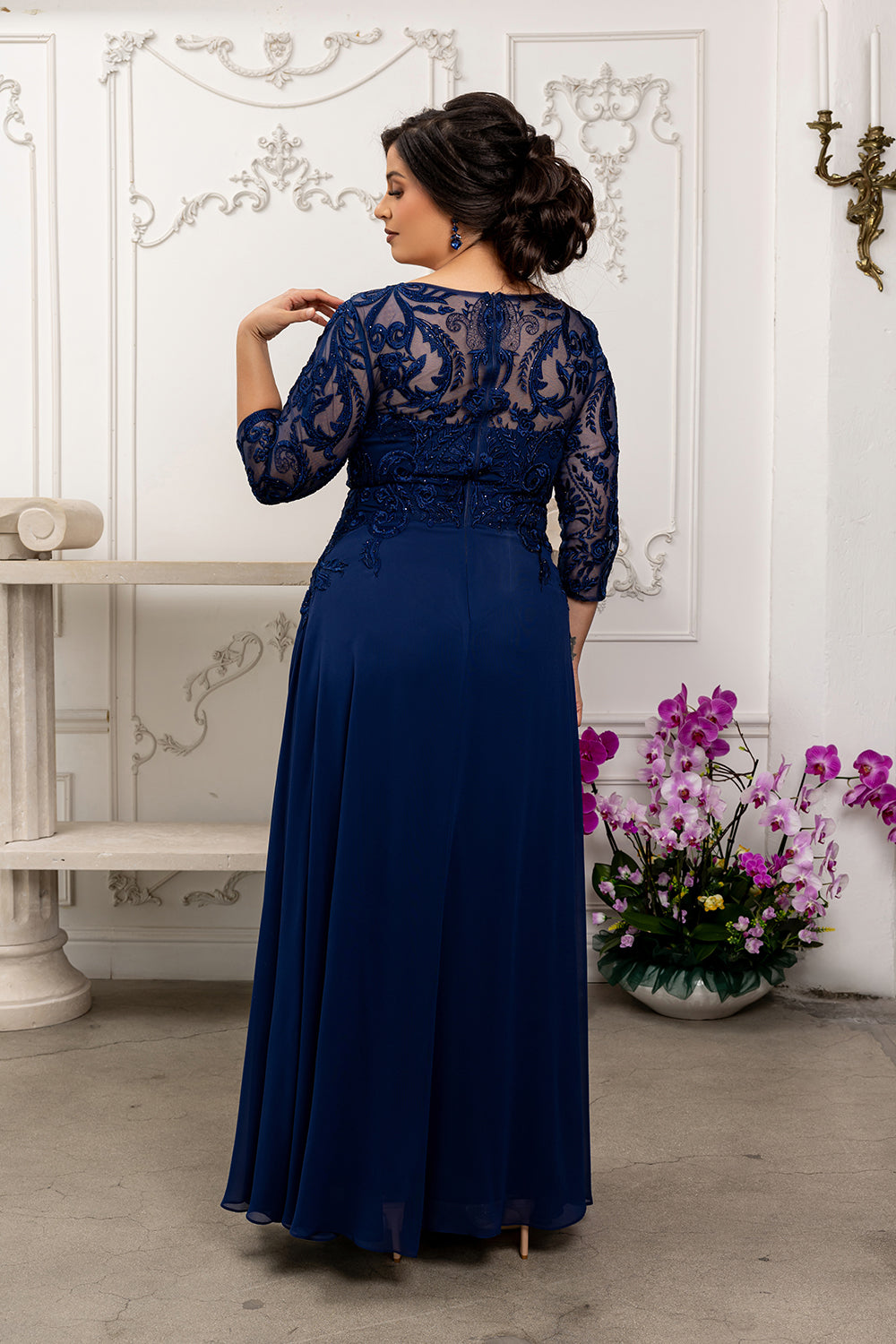 Elegant Lace Bodice A-Line Dress with 3/4 Sleeves Mother of the Bride Gown by May Queen MQ2210