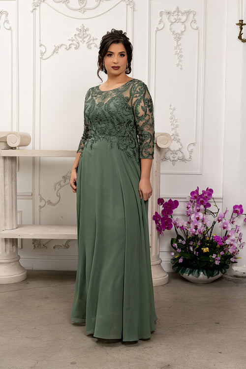 Elegant Lace Bodice A-Line Dress with 3/4 Sleeves Mother of the Bride Gown by May Queen MQ2210