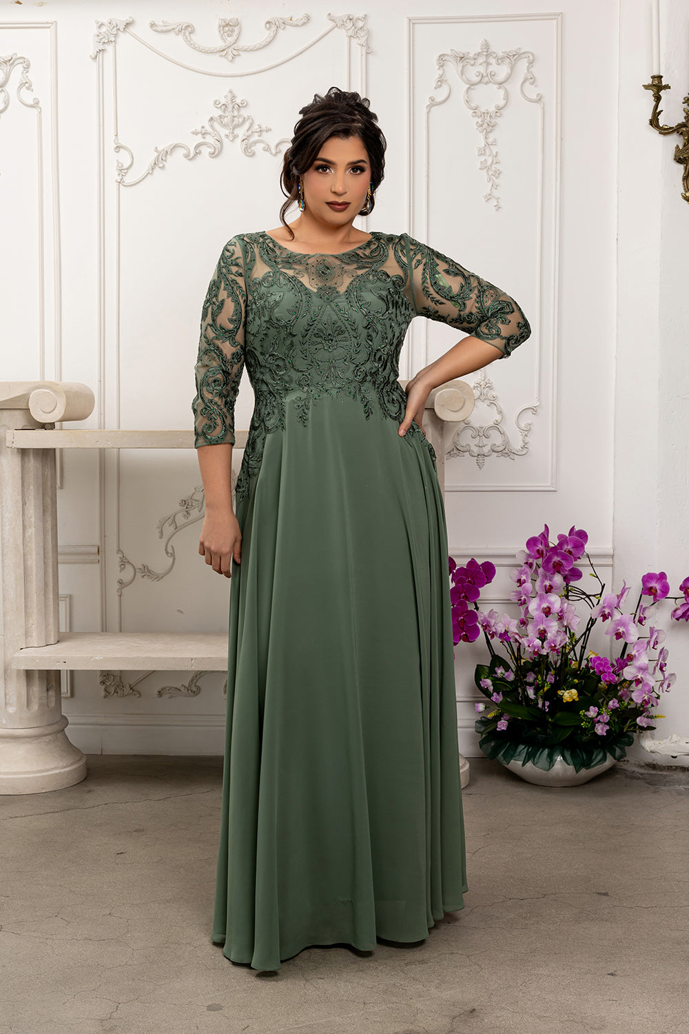 Elegant Lace Bodice A-Line Dress with 3/4 Sleeves Mother of the Bride Gown by May Queen MQ2210