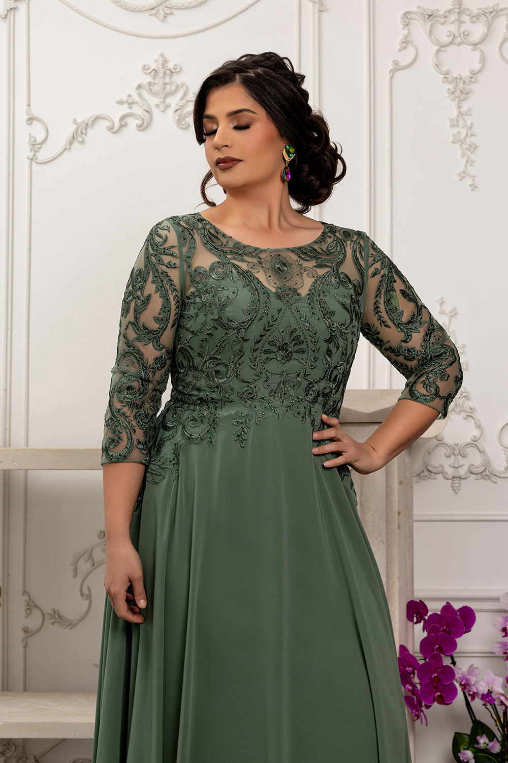 Elegant Lace Bodice A-Line Dress with 3/4 Sleeves Mother of the Bride Gown by May Queen MQ2210