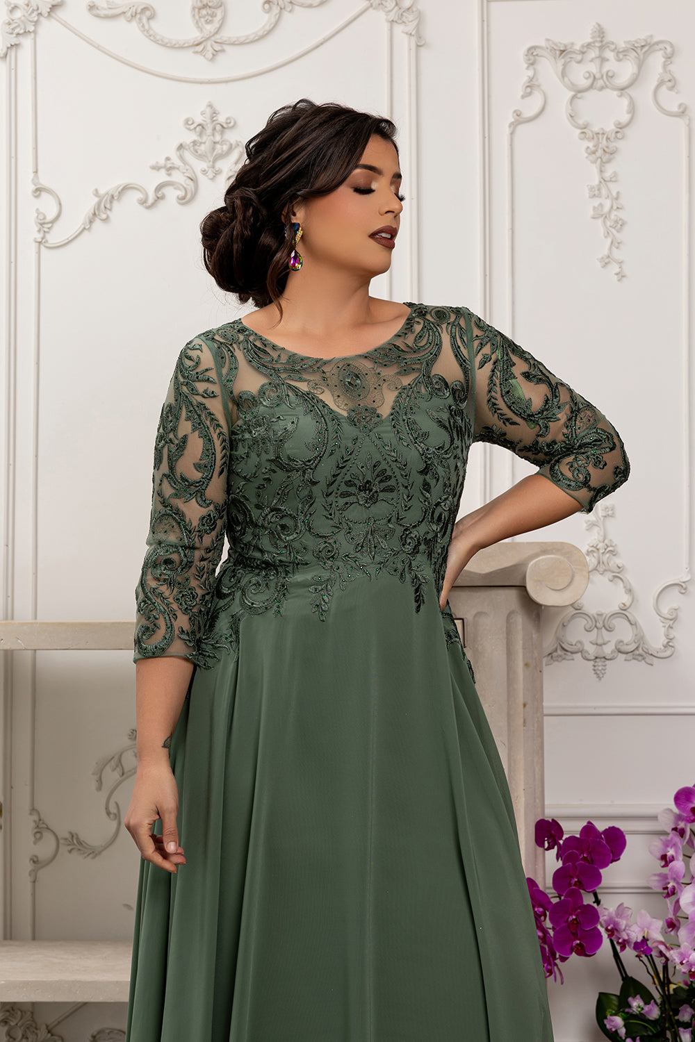 Elegant Lace Bodice A-Line Dress with 3/4 Sleeves Mother of the Bride Gown by May Queen MQ2210