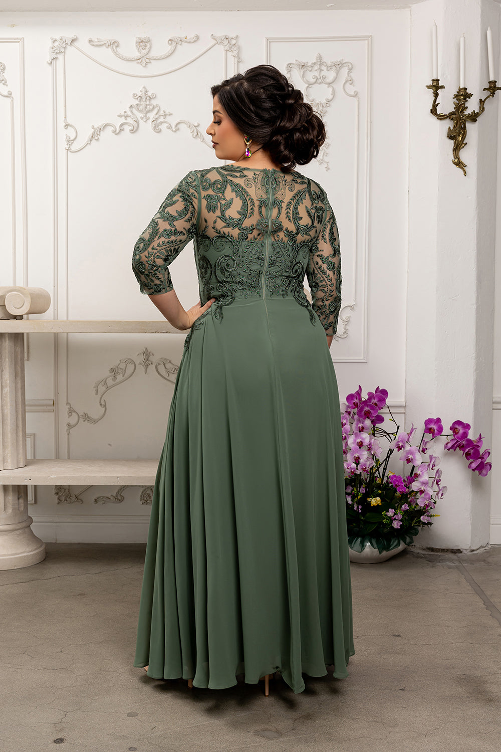 Elegant Lace Bodice A-Line Dress with 3/4 Sleeves Mother of the Bride Gown by May Queen MQ2210