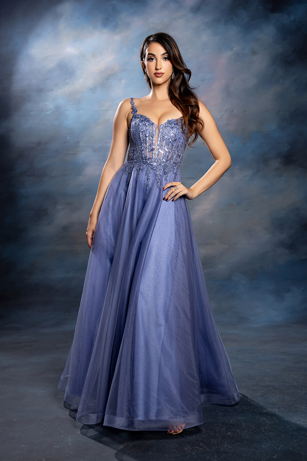 Sleeveless A-Line Tulle Prom Dress with Lace Appliqué Bodice & Spaghetti Straps by May Queen MQ2212