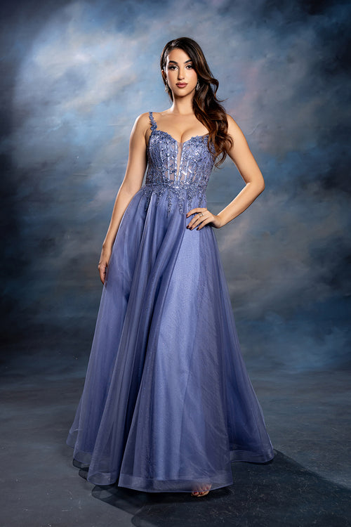 Sleeveless A-Line Tulle Prom Dress with Lace Appliqué Bodice & Spaghetti Straps by May Queen MQ2212
