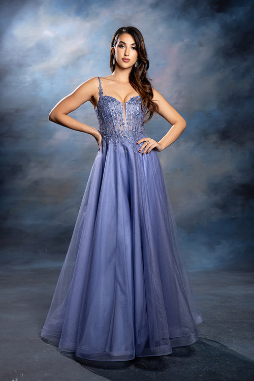 Sleeveless A-Line Tulle Prom Dress with Lace Appliqué Bodice & Spaghetti Straps by May Queen MQ2212