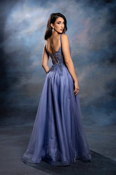 Sleeveless A-Line Tulle Prom Dress with Lace Appliqué Bodice & Spaghetti Straps by May Queen MQ2212