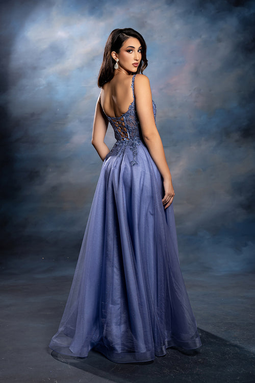 Sleeveless A-Line Tulle Prom Dress with Lace Appliqué Bodice & Spaghetti Straps by May Queen MQ2212