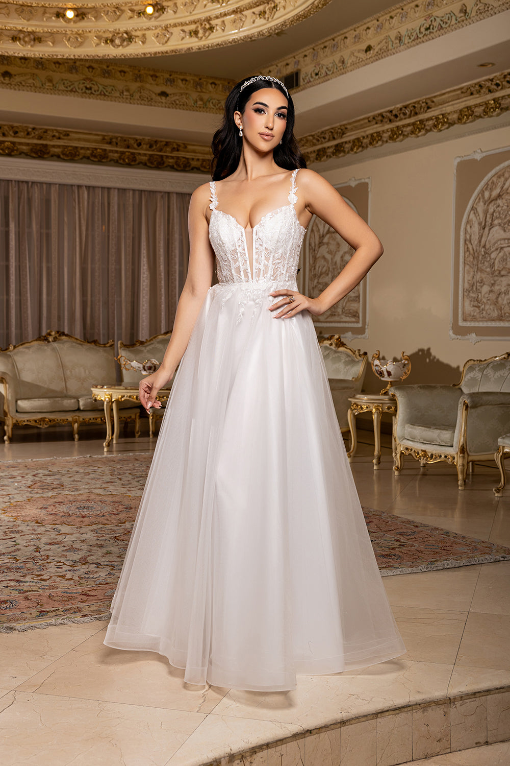 Elegant Lace A-Line Wedding Dress with Illusion Bodice Spaghetti Straps by May Queen MQ2212