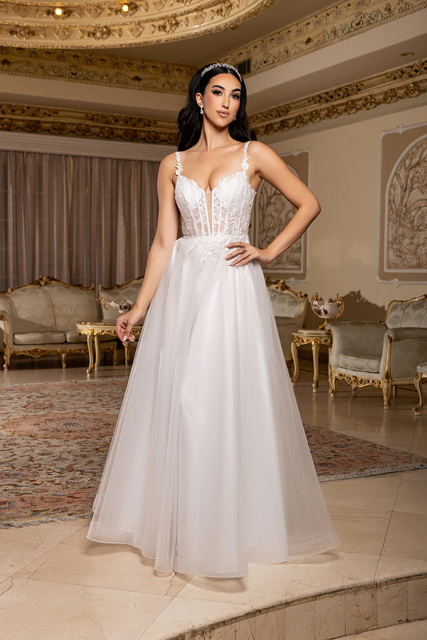 May Queen IVORY Lace Appliqué Bodice with Layered Tulle Skirt A-Line Wedding Dress