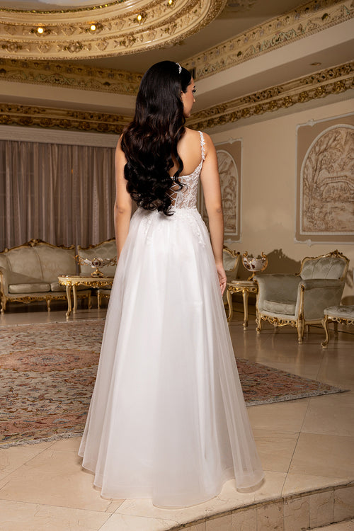 Elegant Lace A-Line Wedding Dress with Illusion Bodice Spaghetti Straps by May Queen MQ2212