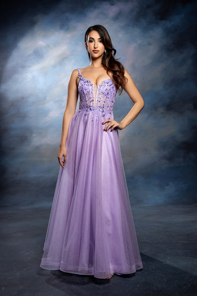 Sleeveless A-Line Tulle Prom Dress with Lace Appliqué Bodice & Spaghetti Straps by May Queen MQ2212