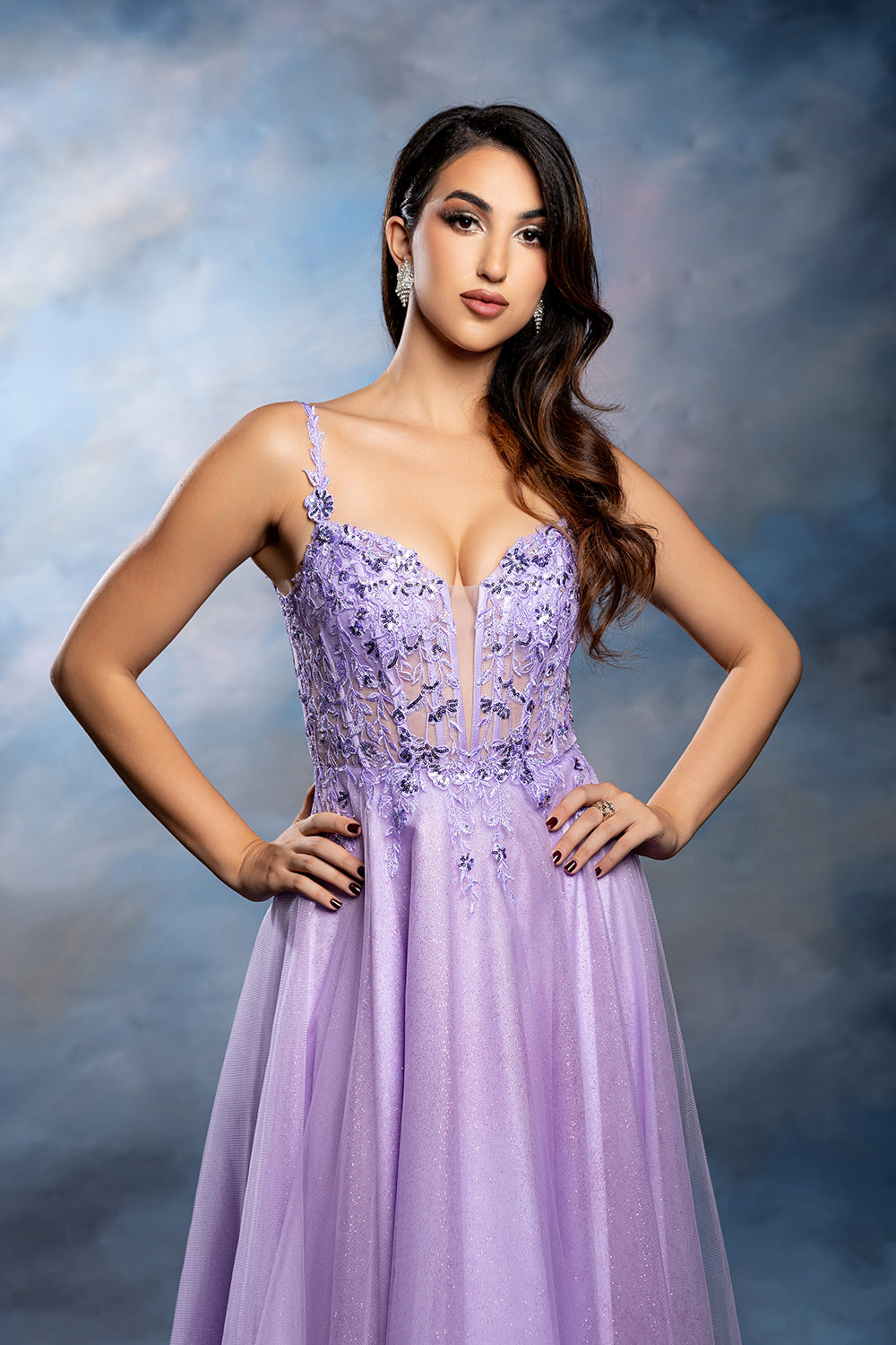 Sleeveless A-Line Tulle Prom Dress with Lace Appliqué Bodice & Spaghetti Straps by May Queen MQ2212