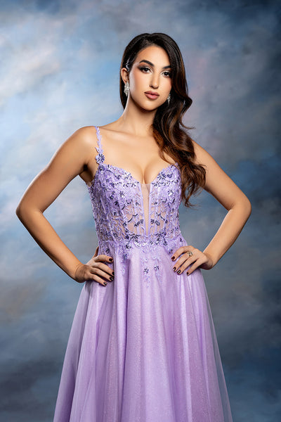 Sleeveless A-Line Tulle Prom Dress with Lace Appliqué Bodice & Spaghetti Straps by May Queen MQ2212