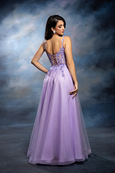 Sleeveless A-Line Tulle Prom Dress with Lace Appliqué Bodice & Spaghetti Straps by May Queen MQ2212