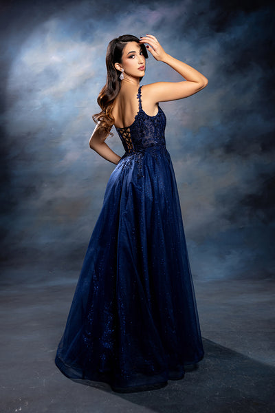 Sleeveless A-Line Tulle Prom Dress with Lace Appliqué Bodice & Spaghetti Straps by May Queen MQ2212