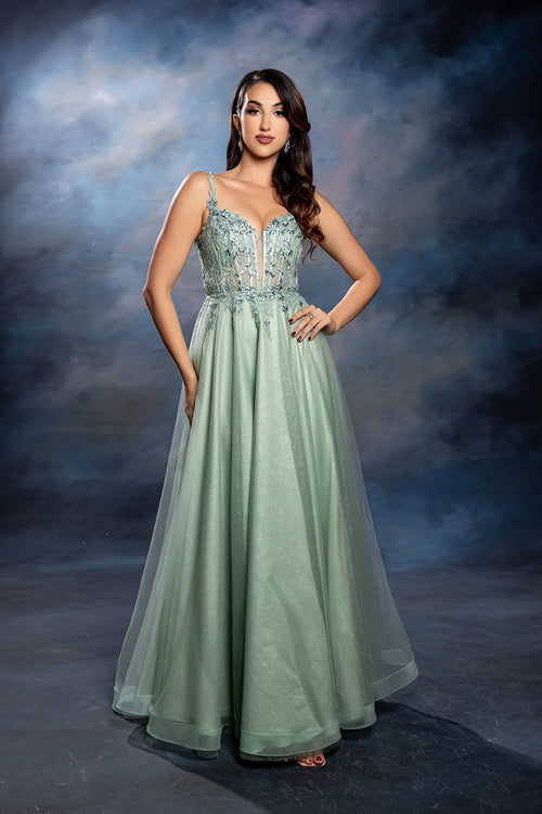 Sleeveless A-Line Tulle Prom Dress with Lace Appliqué Bodice & Spaghetti Straps by May Queen MQ2212