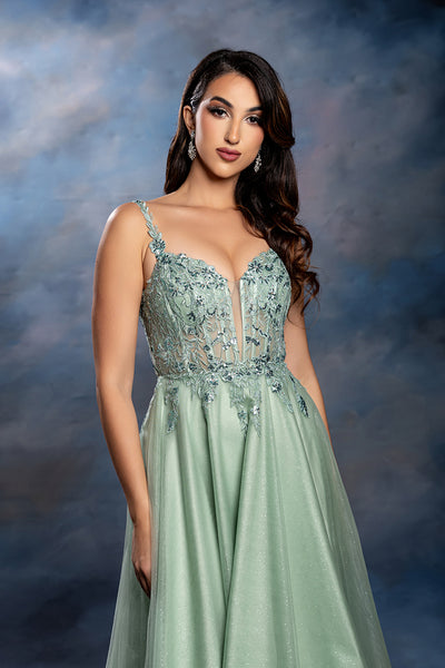 Sleeveless A-Line Tulle Prom Dress with Lace Appliqué Bodice & Spaghetti Straps by May Queen MQ2212