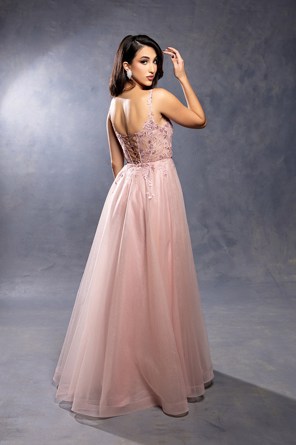 Sleeveless A-Line Tulle Prom Dress with Lace Appliqué Bodice & Spaghetti Straps by May Queen MQ2212