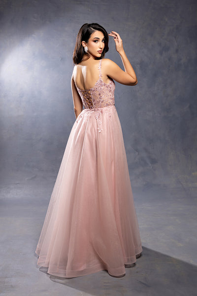 Sleeveless A-Line Tulle Prom Dress with Lace Appliqué Bodice & Spaghetti Straps by May Queen MQ2212