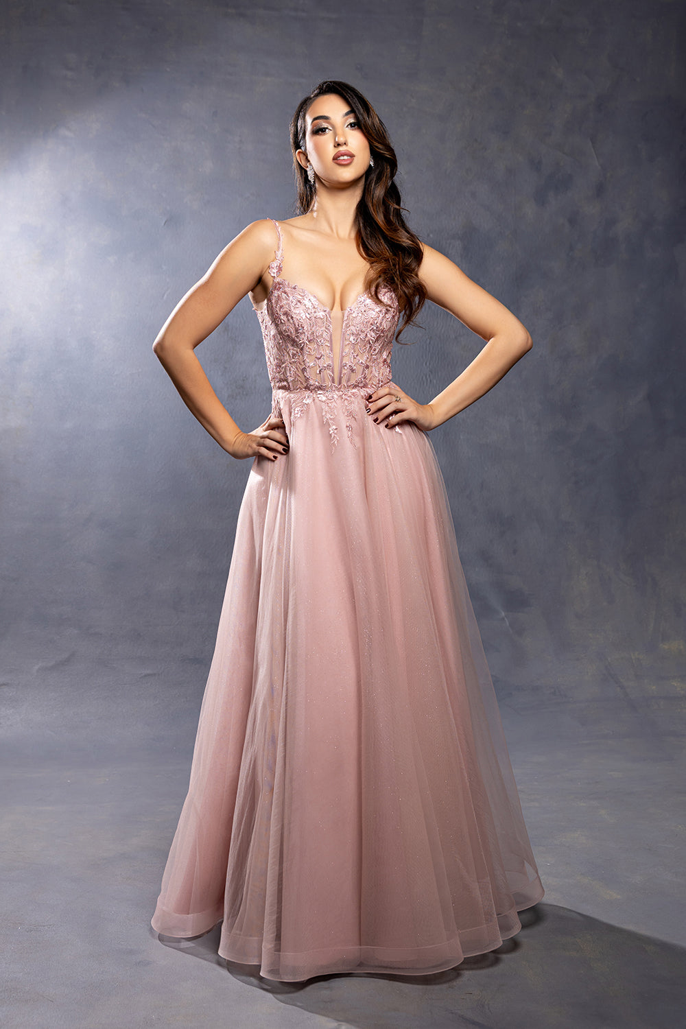 Sleeveless A-Line Tulle Prom Dress with Lace Appliqué Bodice & Spaghetti Straps by May Queen MQ2212