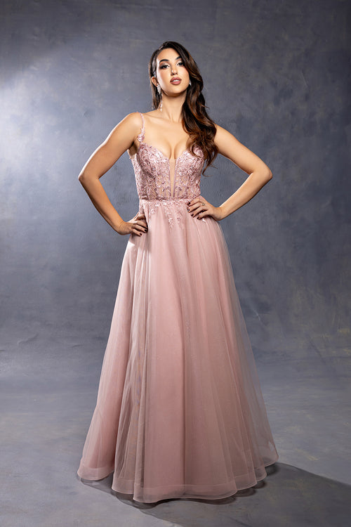 Sleeveless A-Line Tulle Prom Dress with Lace Appliqué Bodice & Spaghetti Straps by May Queen MQ2212
