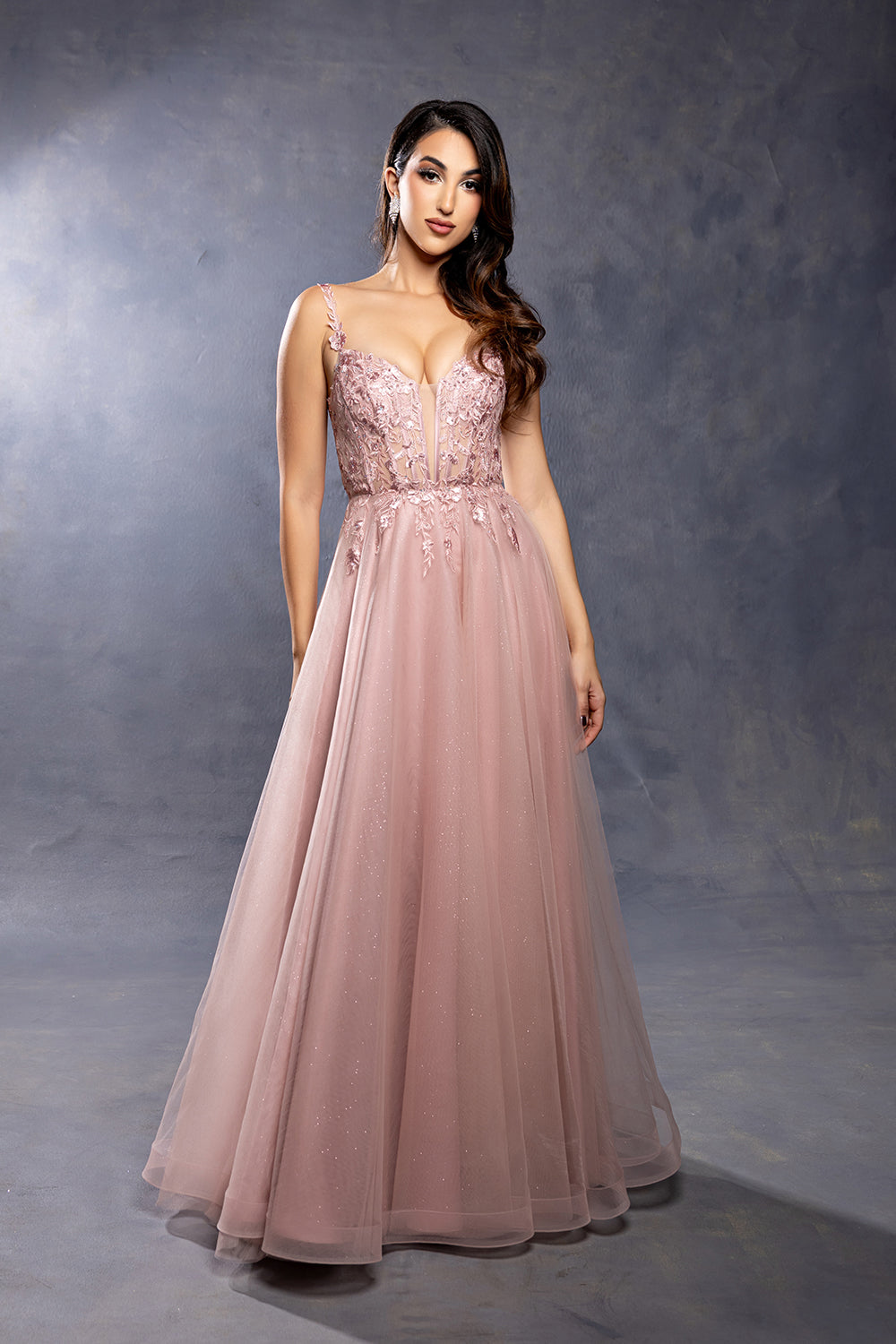 Sleeveless A-Line Tulle Prom Dress with Lace Appliqué Bodice & Spaghetti Straps by May Queen MQ2212