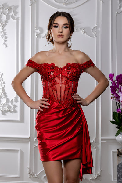 Off-Shoulder Beaded Corset Cocktail Mini Dress with Side Drape by May Queen MQ2213